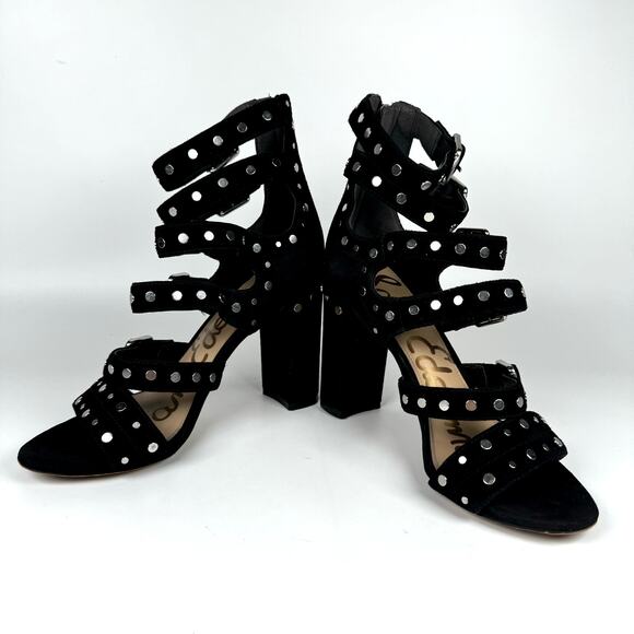 Sam Edelman Women Black Studded Strappy Gladiator Block High Heels Sandal Size 7 - Picture 6 of 8